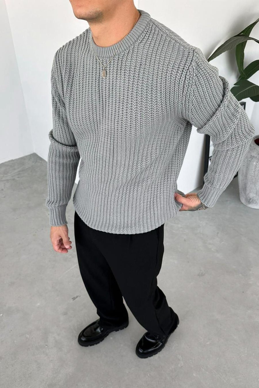 Gri Bisiklet Yaka Oversize Örgü Kazak