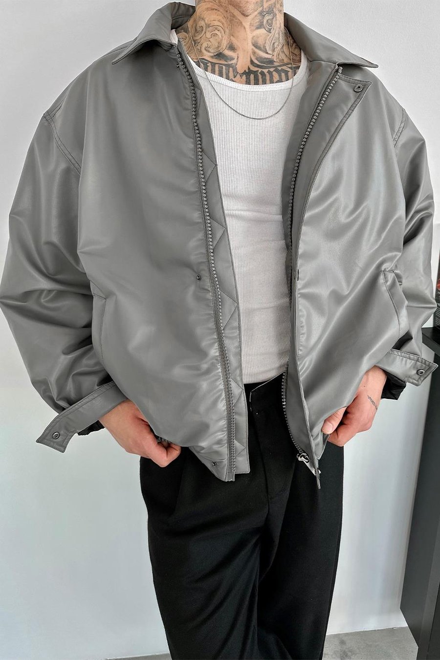 Gri Bomber Oversize Deri Ceket