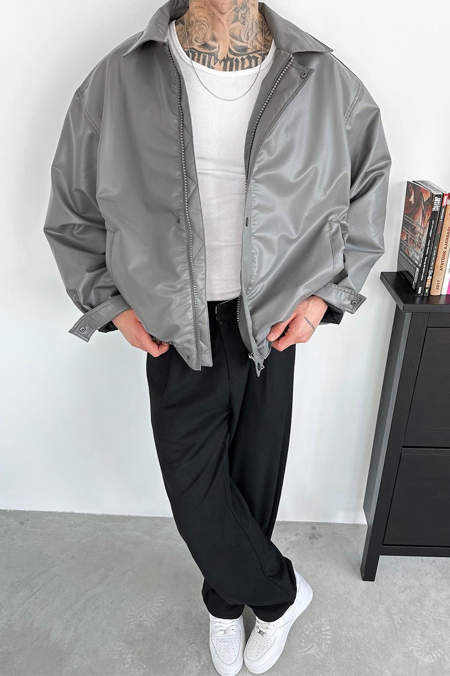Gri Bomber Oversize Deri Ceket