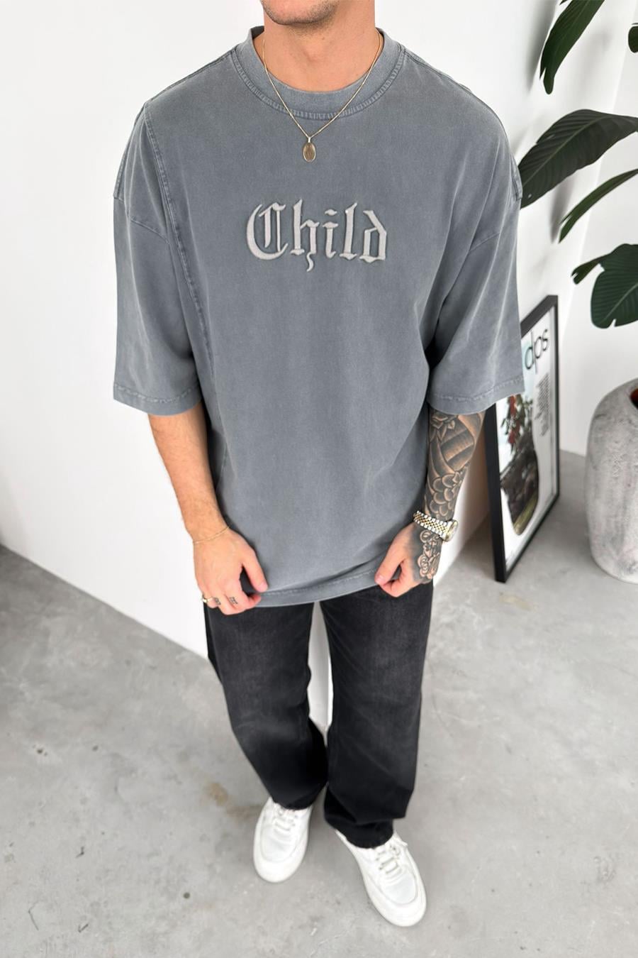 Gri Child Nakış Detay Oversize Tişört