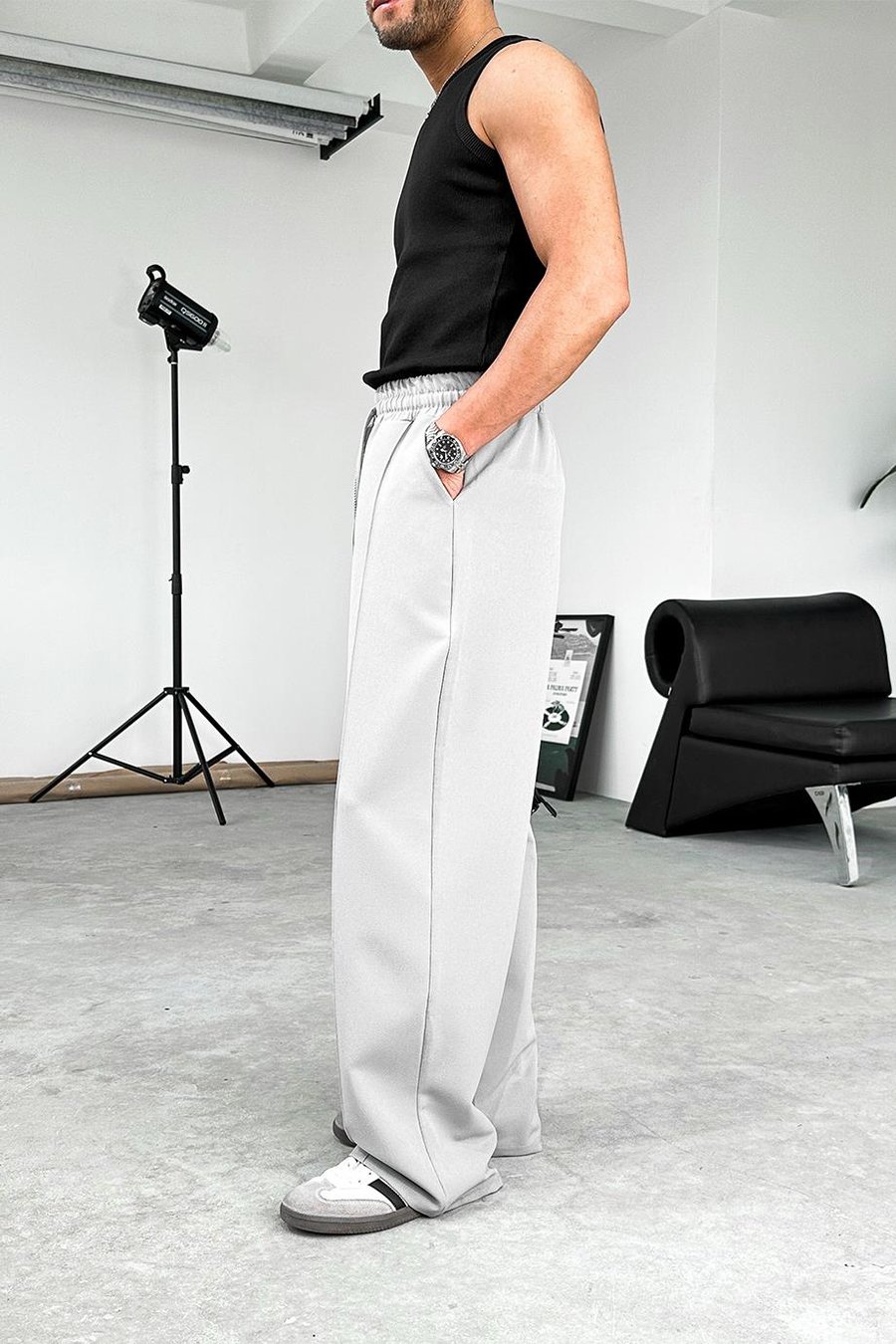 Gri Çimalı Beli Lastikli Baggy Kumaş Pantolon