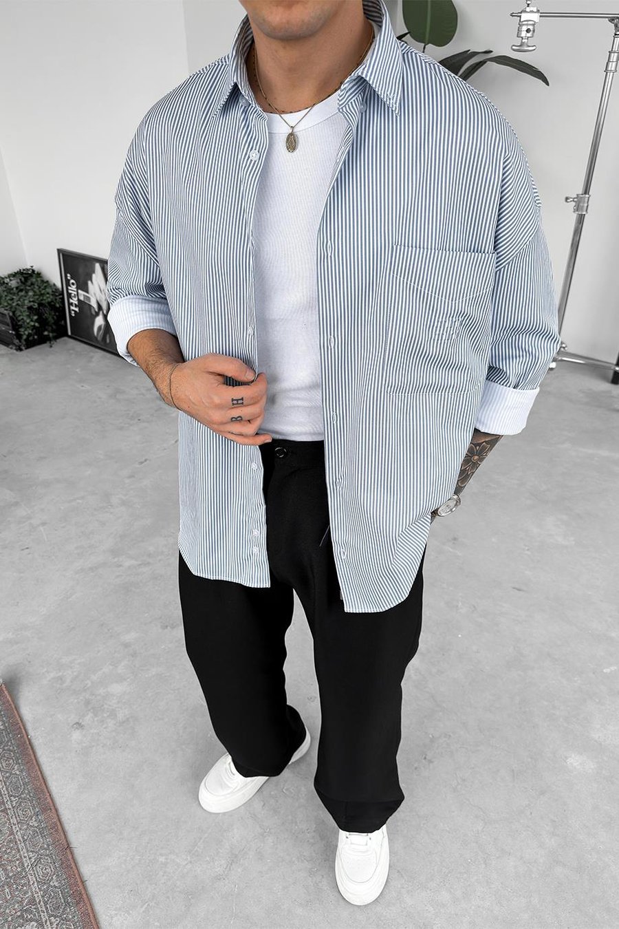 Gri Çizgili Kabartma Detay Oversize Gömlek