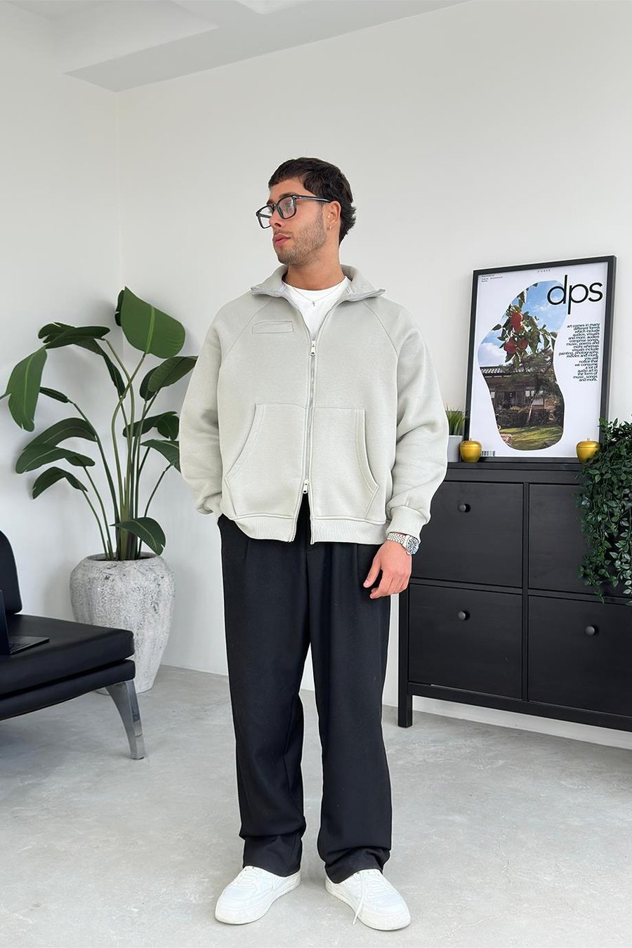 Gri Cozy Basic Çift Fermuar Oversize Sweatshirt