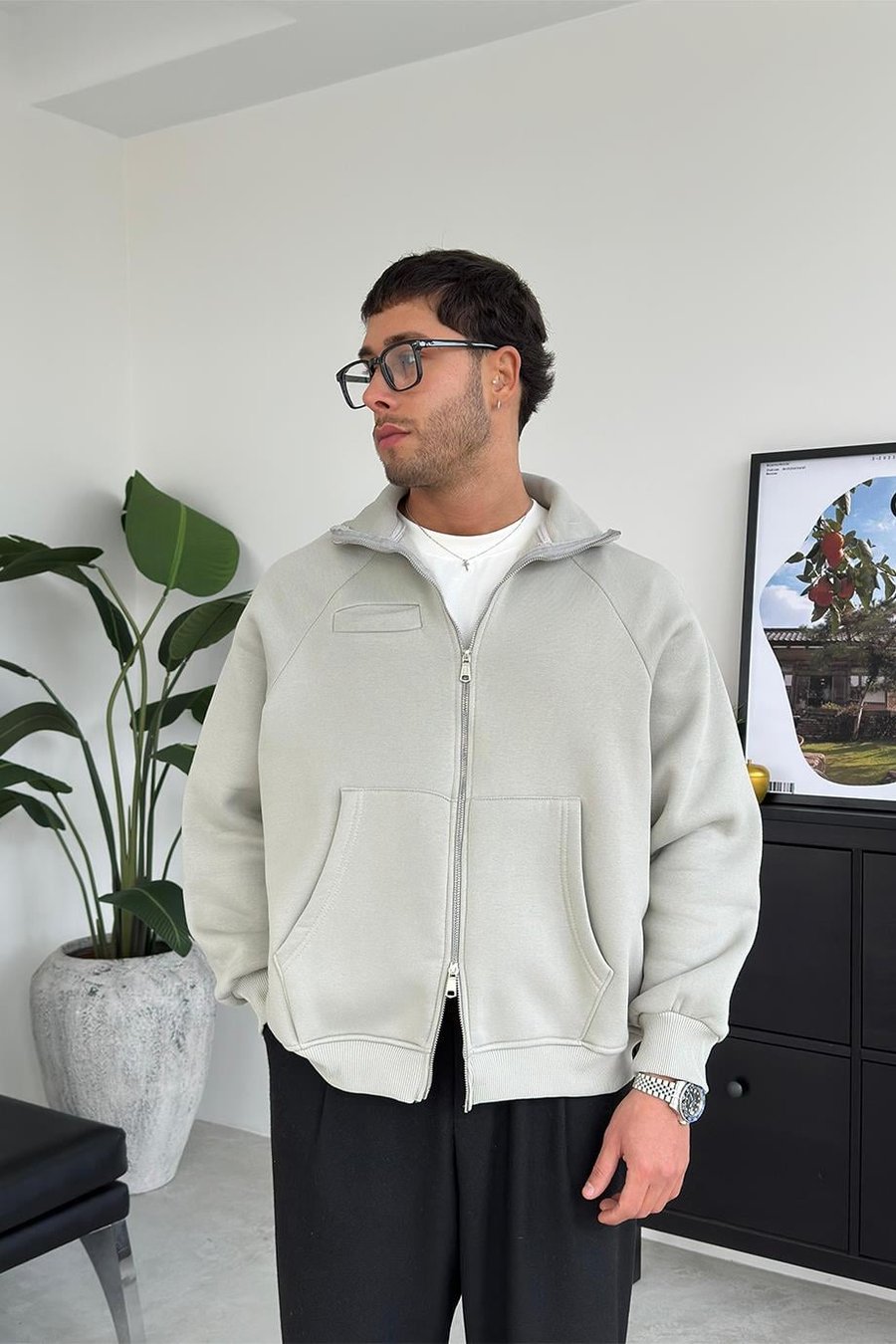 Gri Cozy Basic Çift Fermuar Oversize Sweatshirt