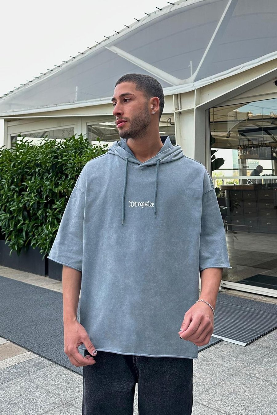 Gri Dropsize Nakış Detaylı Kapüşonlu PH Oversize Tişört