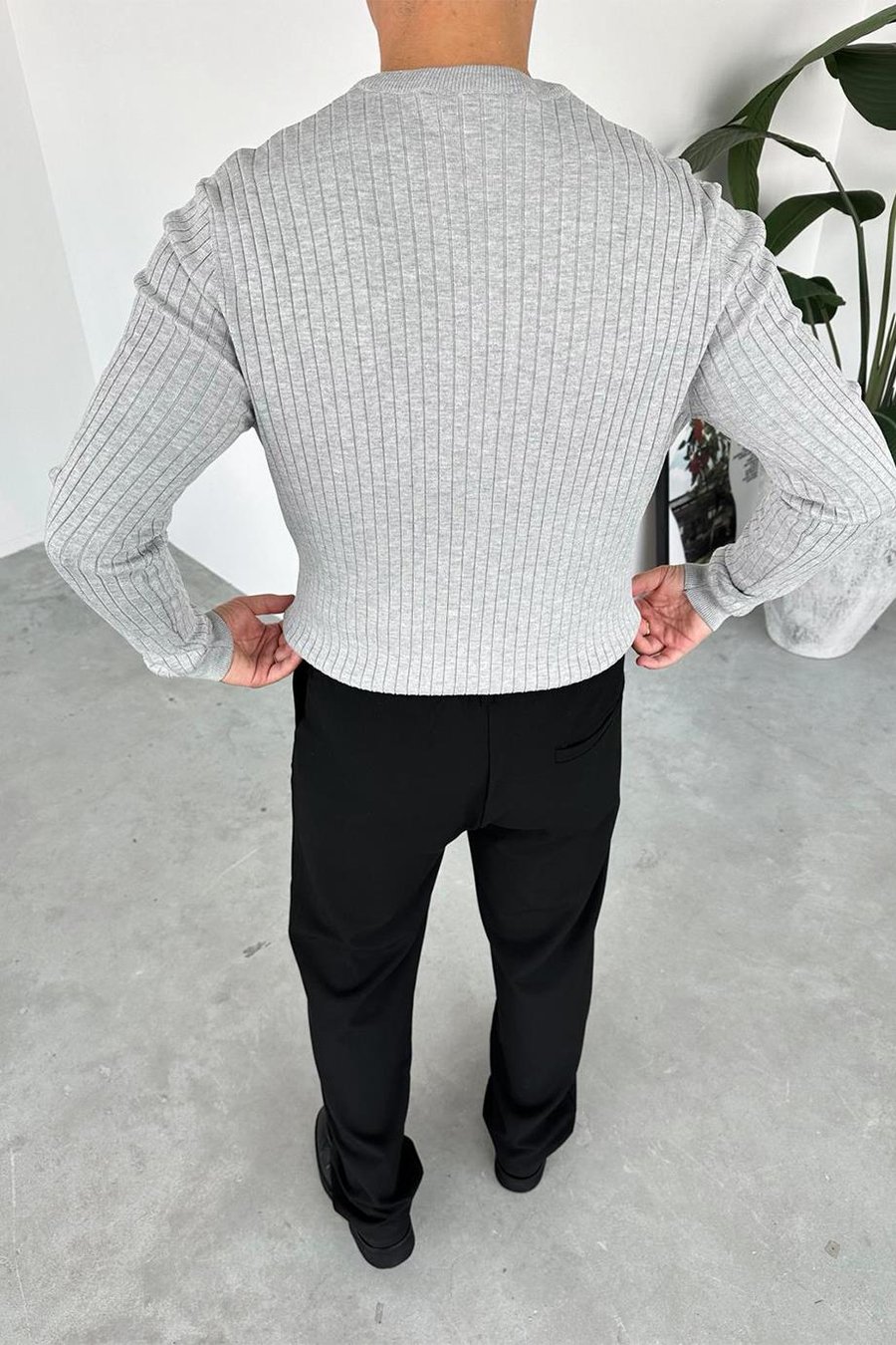 Gri Düğmeli Yaka Relaxed Uzun Kollu Tişört