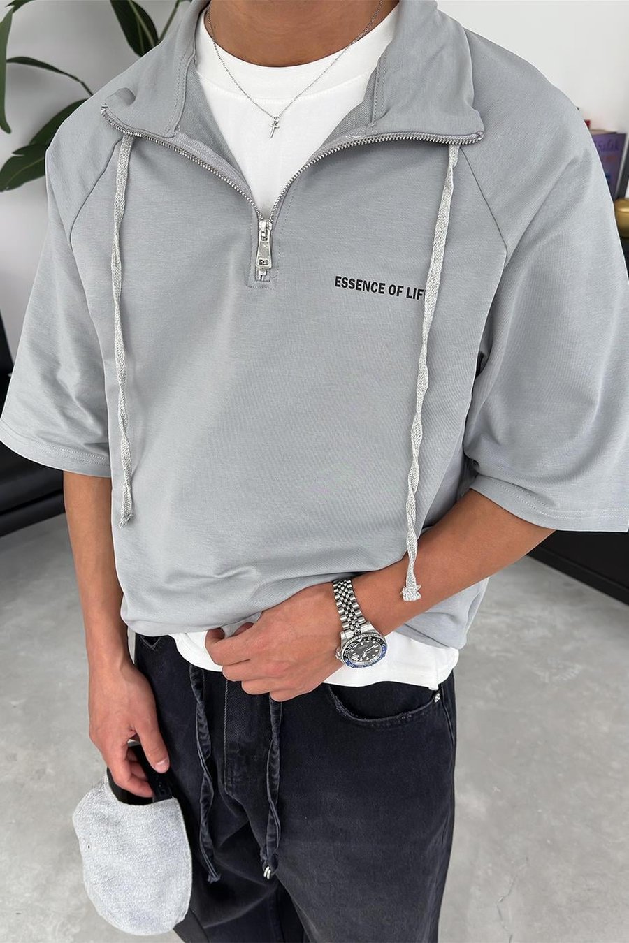 Gri Fermuarlı EE Oversize Polo Yaka Tişört