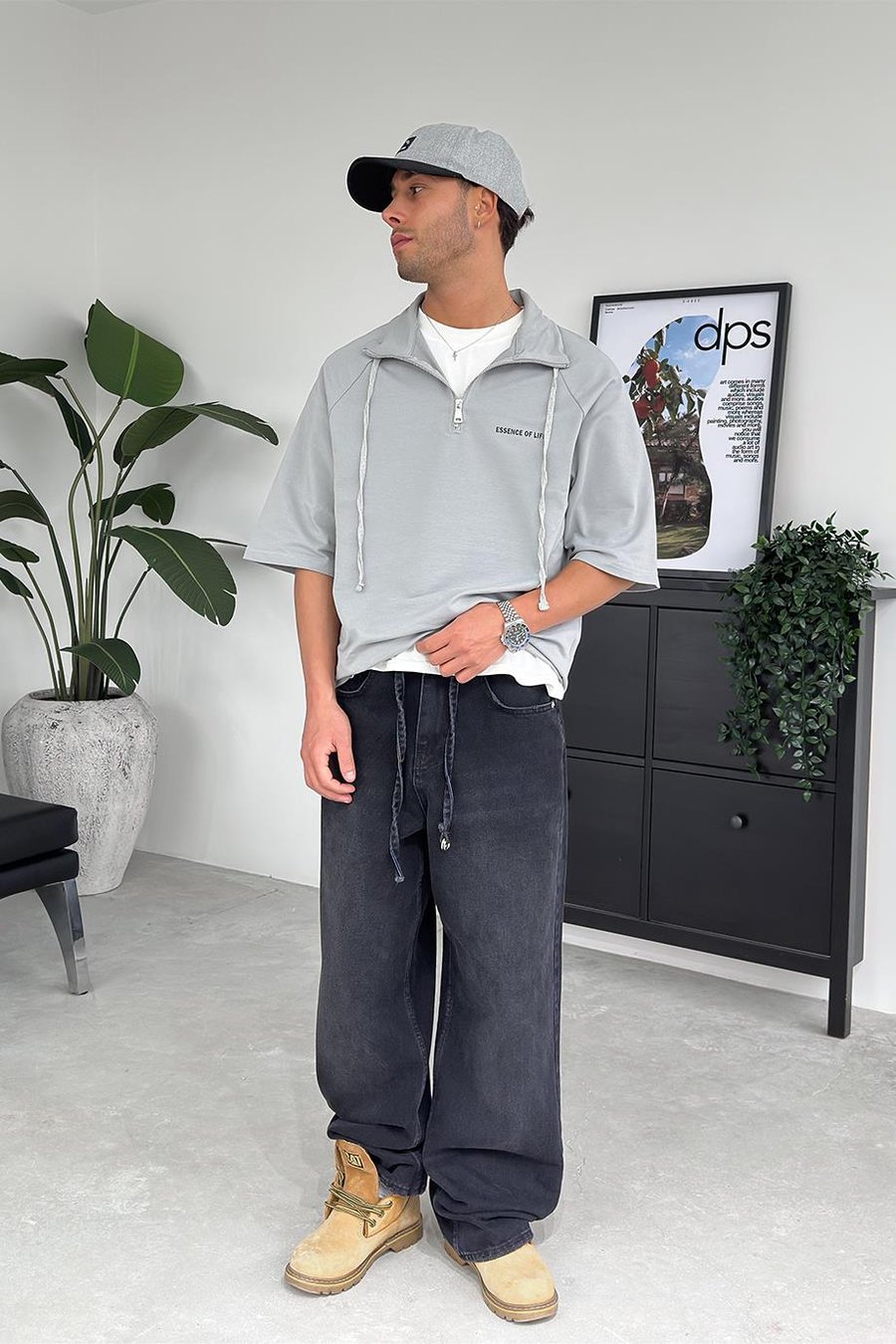 Gri Fermuarlı EE Oversize Polo Yaka Tişört