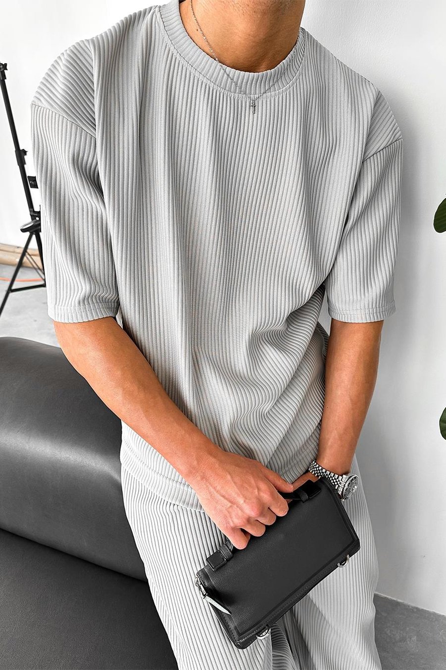 Gri Fitilli Oversize Tişört