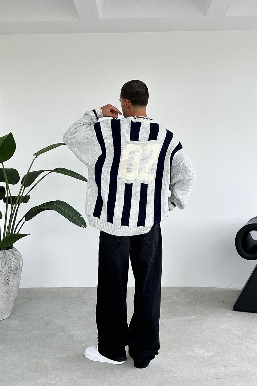 Gri Forma Desenli Triko Oversize Kazak