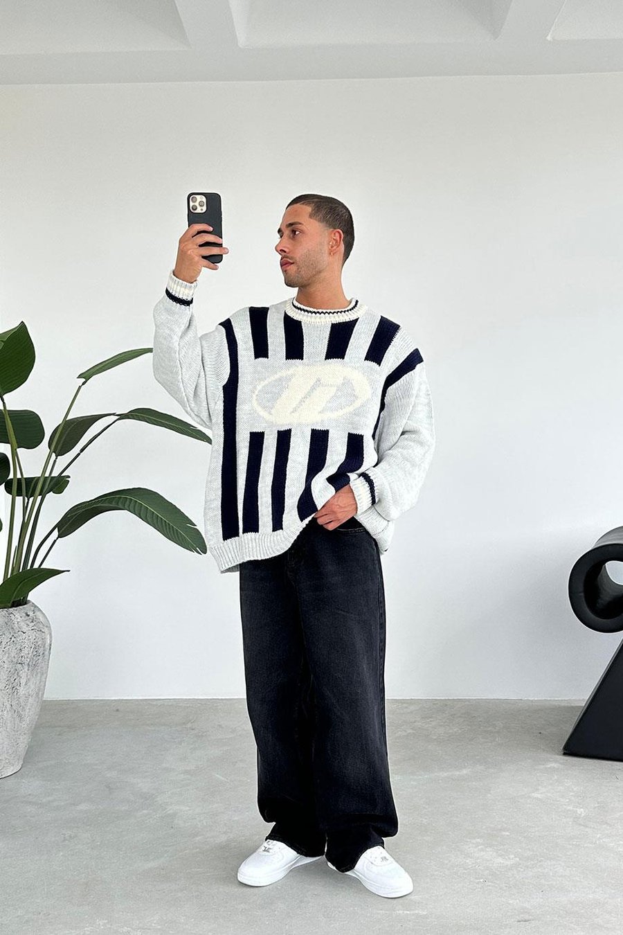 Gri Forma Desenli Triko Oversize Kazak