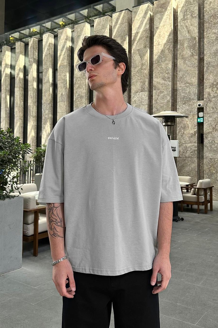 Gri Future Nakış Detay OUTPLENTY PREMİUM Oversize Tişört