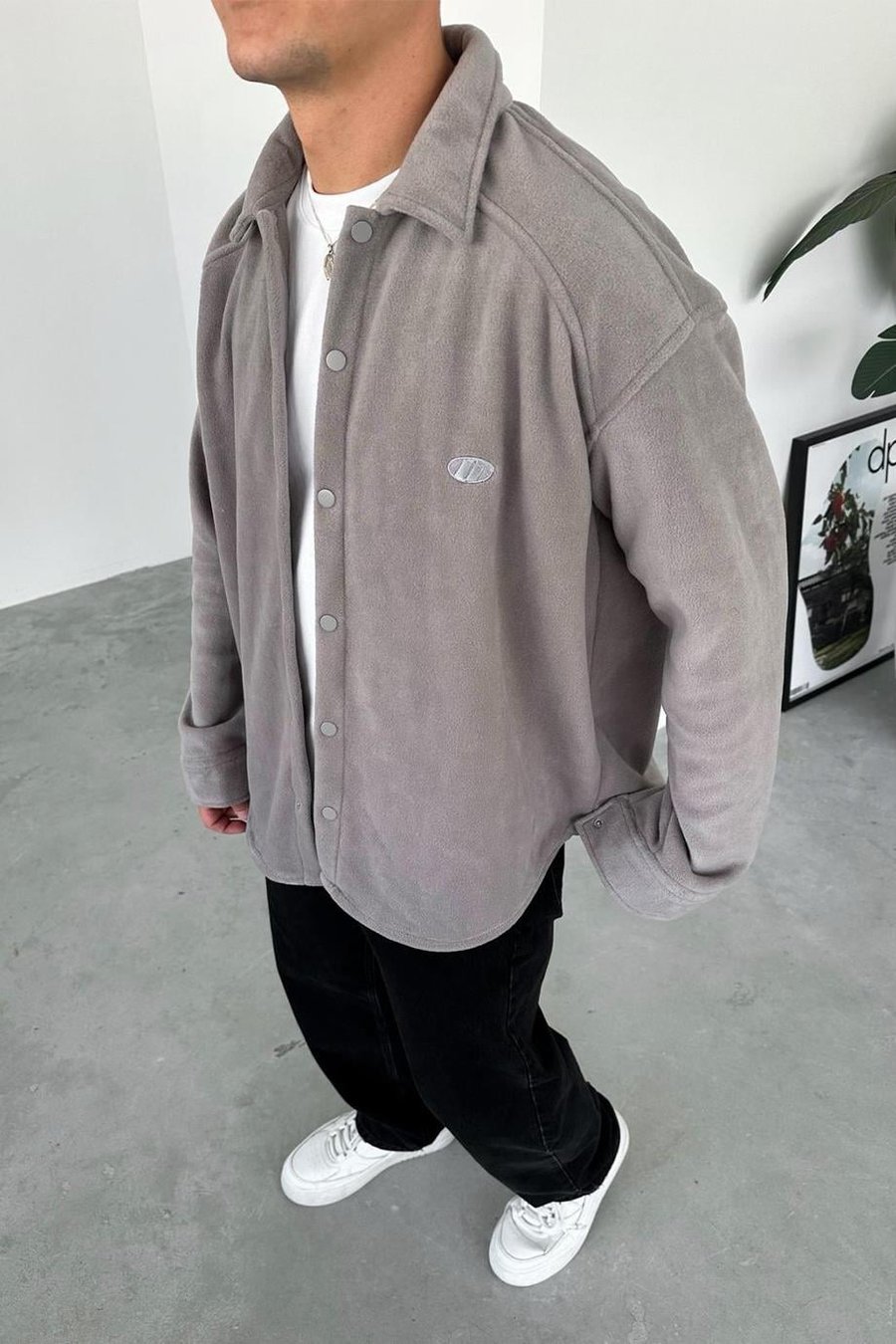 Gri G Nakışlı Oversize Polar Gömlek