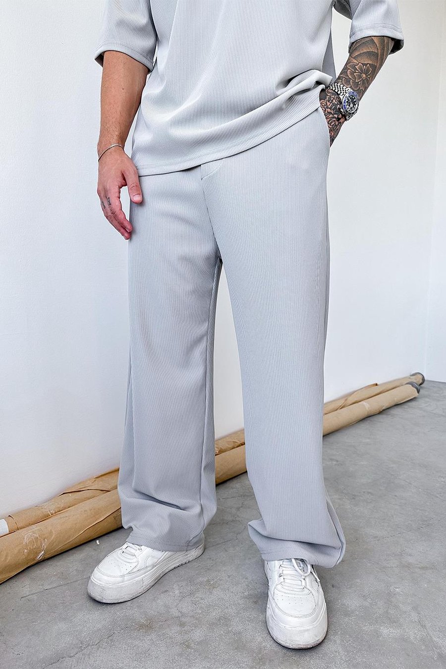 Gri İnce Fitilli Baggy Pantolon