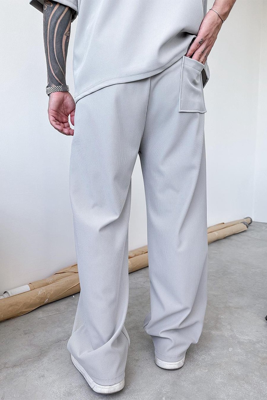 Gri İnce Fitilli Baggy Pantolon