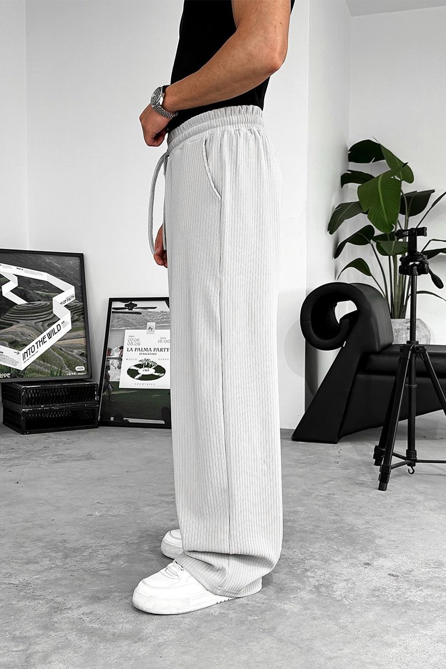 Gri Likralı Fitilli Baggy Pantolon