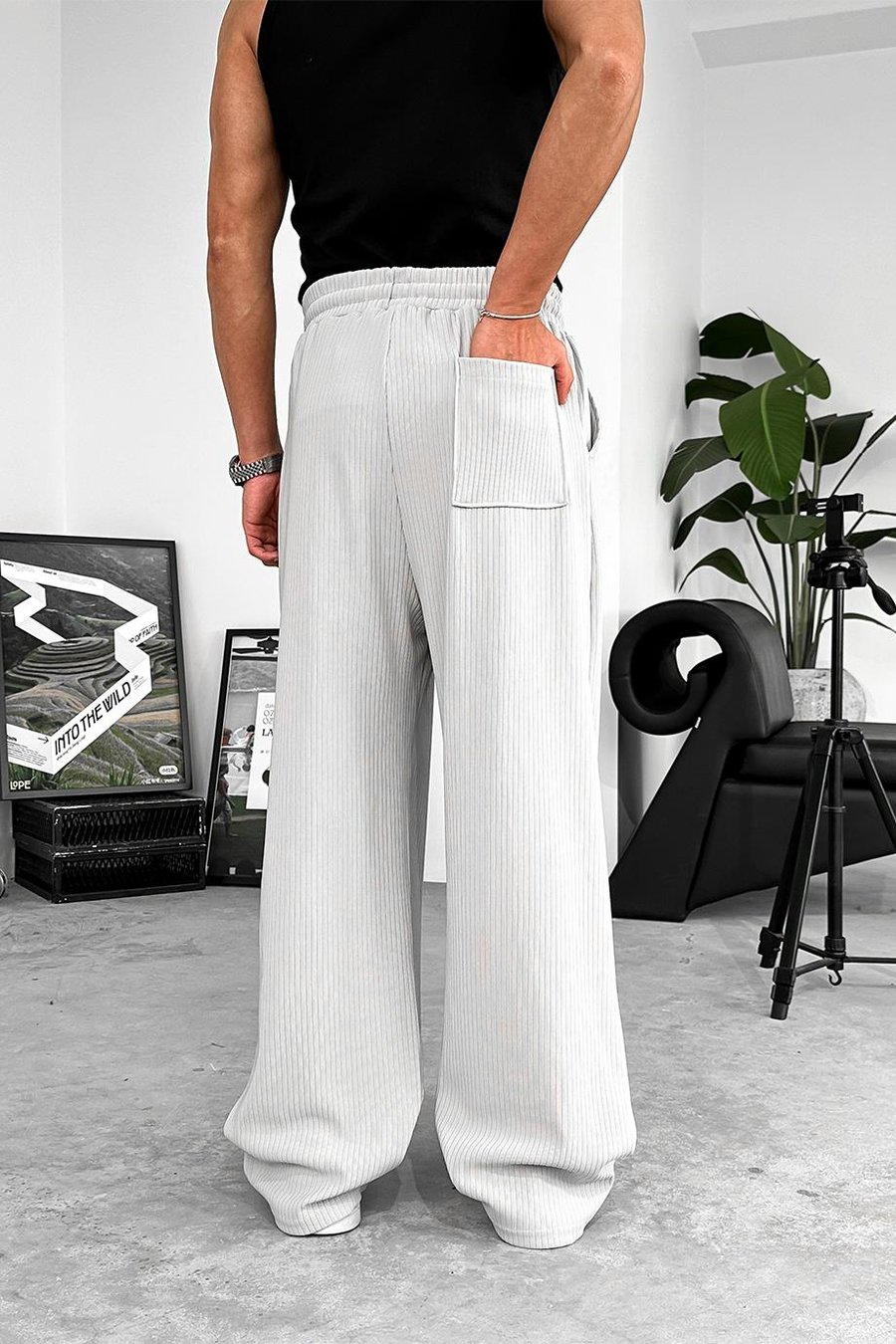Gri Likralı Fitilli Baggy Pantolon
