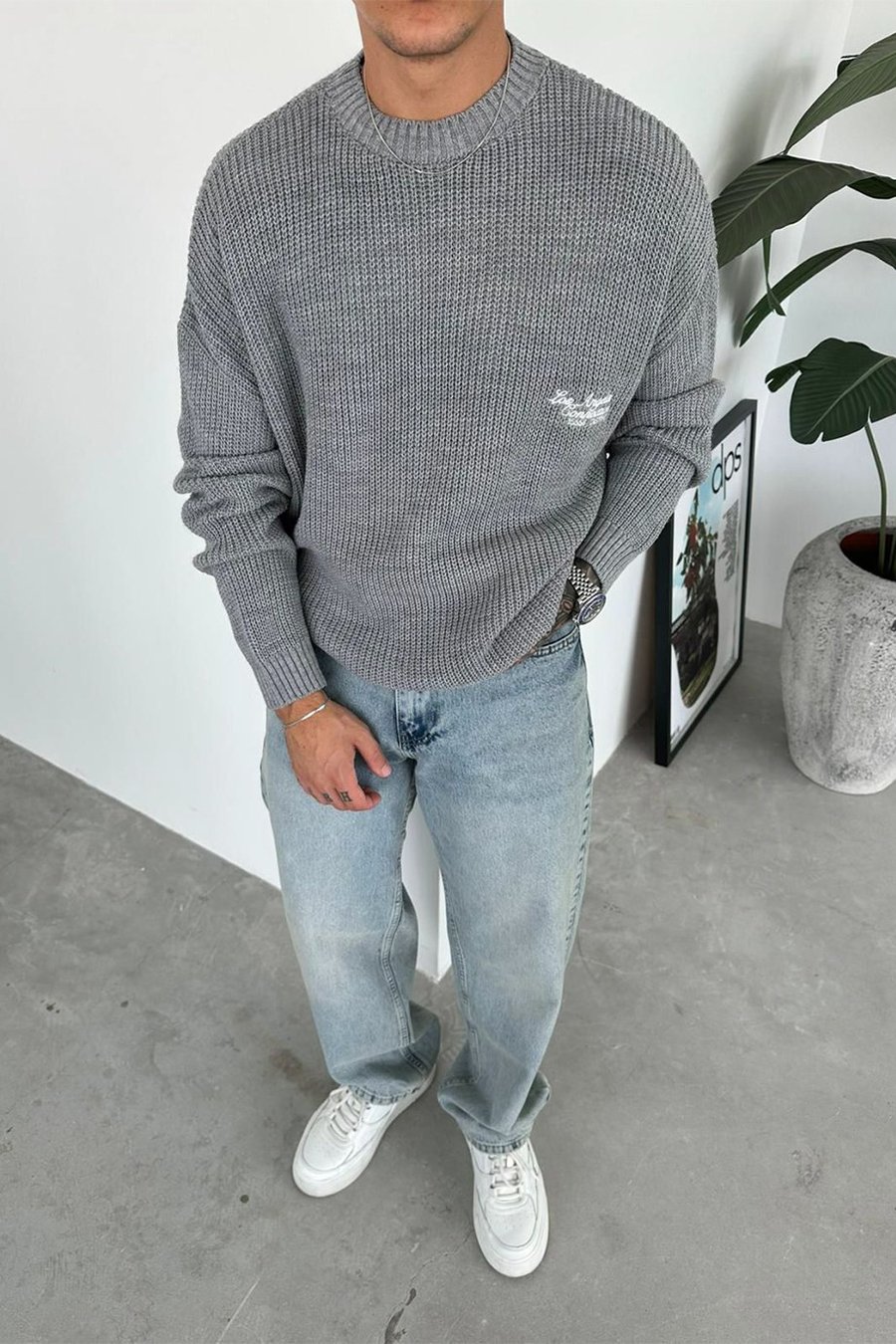 Gri Los Angeles Nakış Oversize Triko Kazak