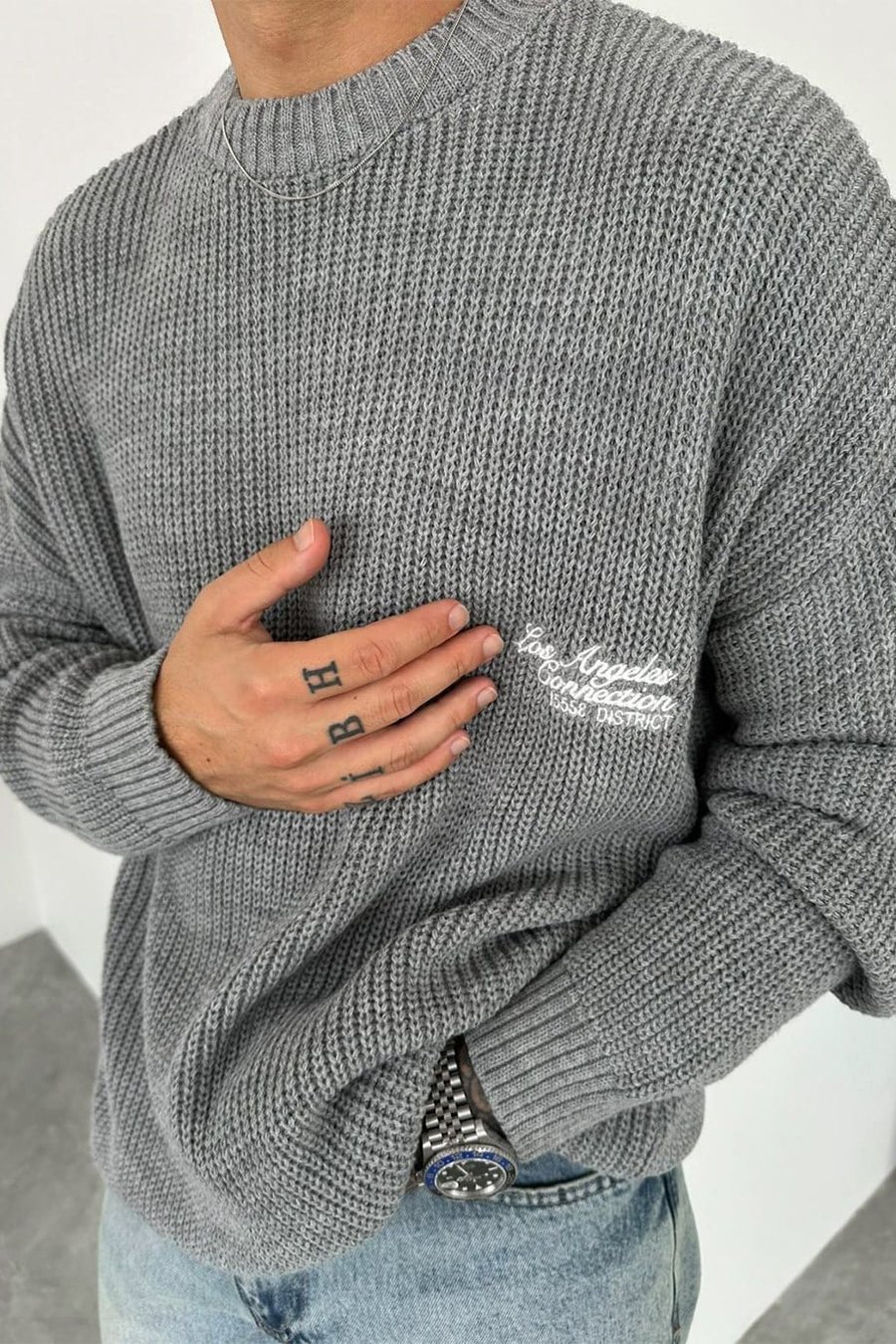 Gri Los Angeles Nakış Oversize Triko Kazak