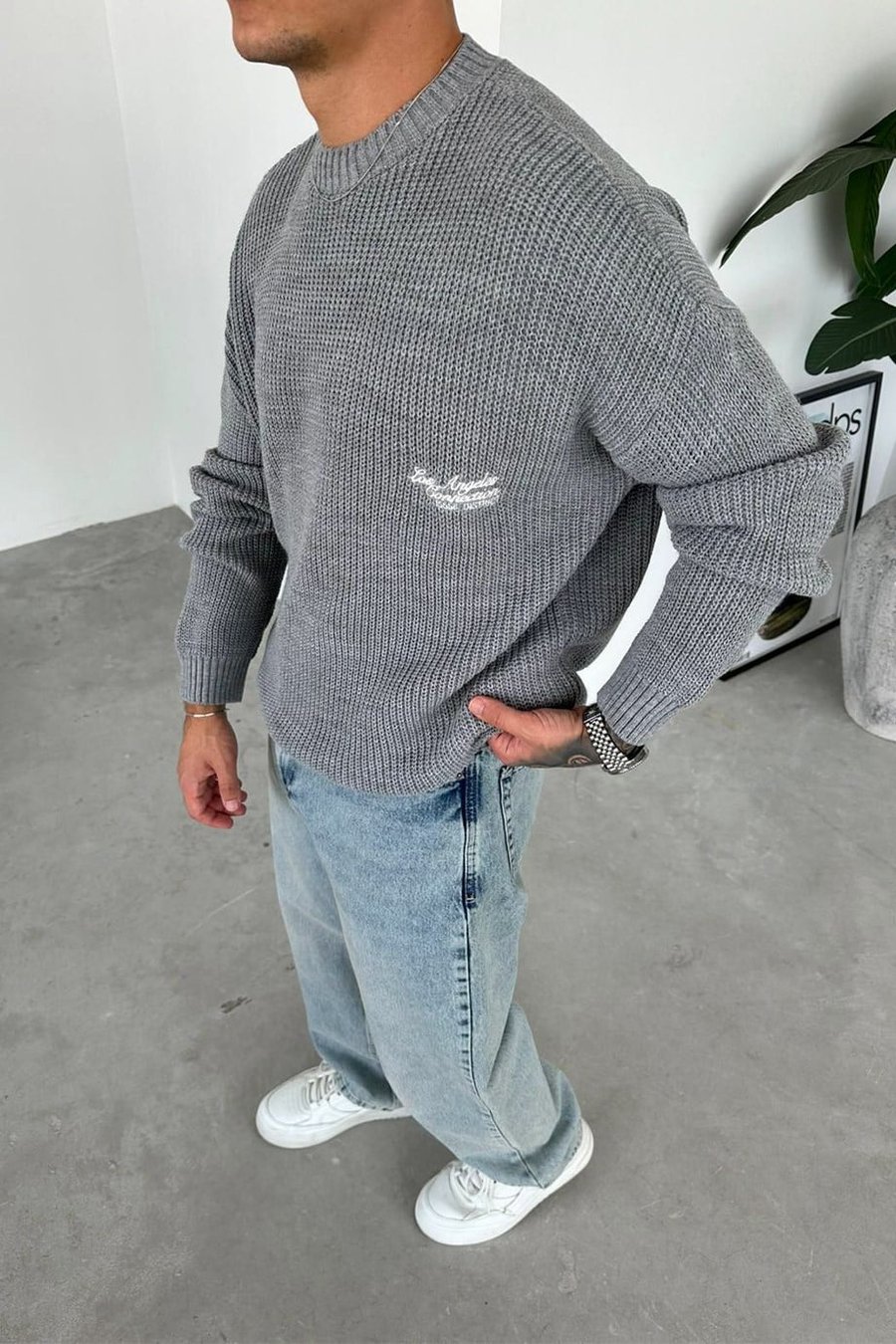 Gri Los Angeles Nakış Oversize Triko Kazak