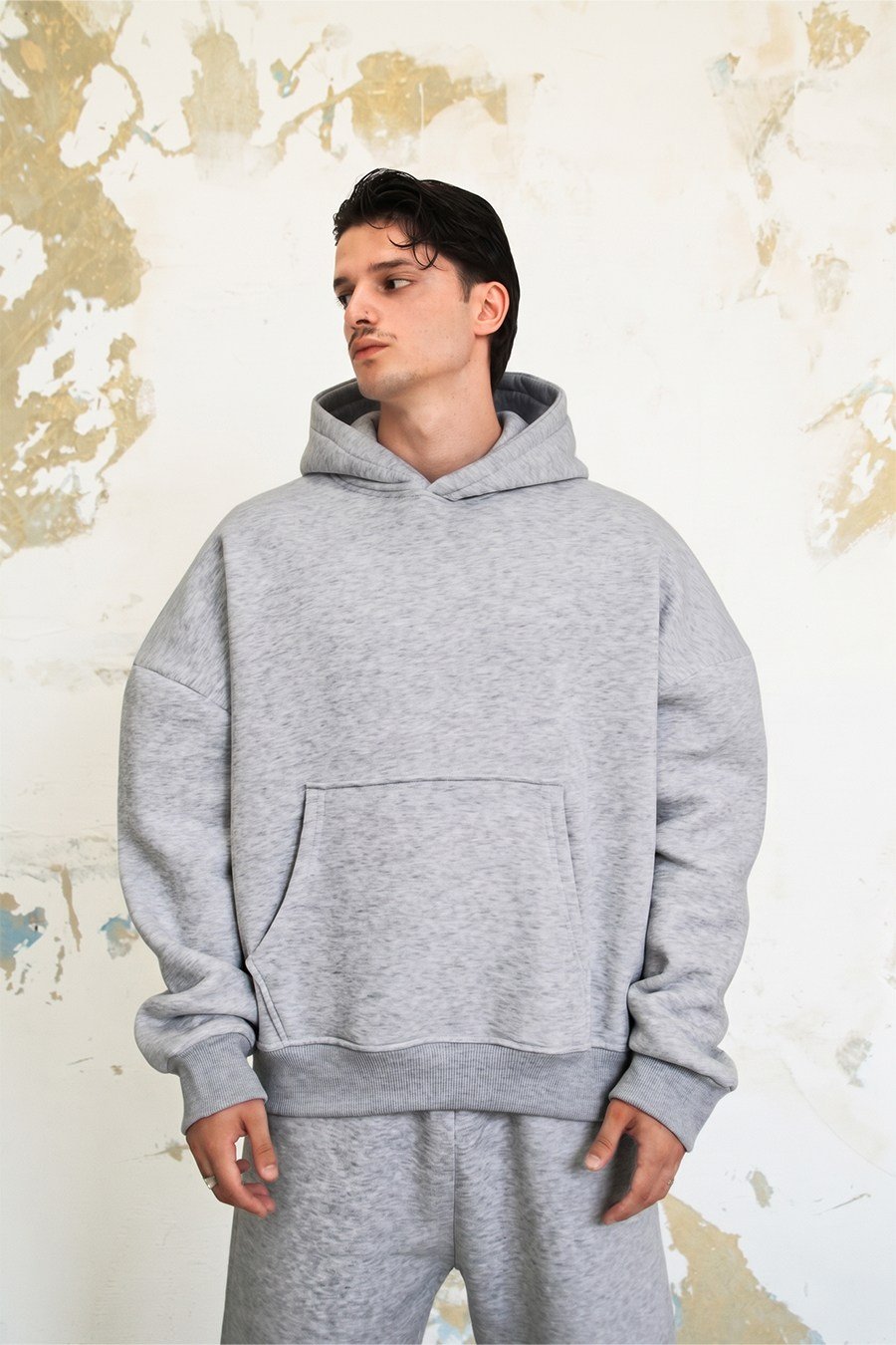 Gri Melanj Cozy Basic Kanguru Oversize Eşofman Takımı
