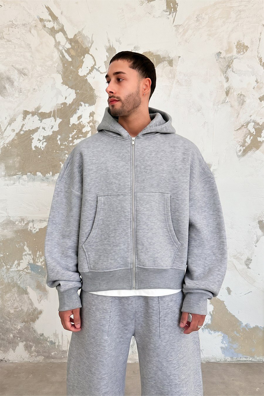 Gri Melanj Cozy Basic Tam Fermuarlı Oversize Eşofman Takımı