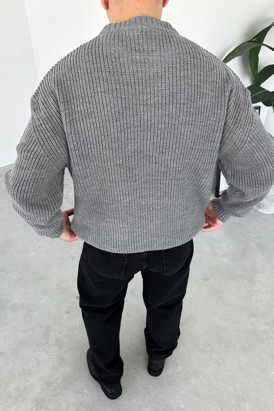 Gri Örme Desen Oversize Triko Kazak