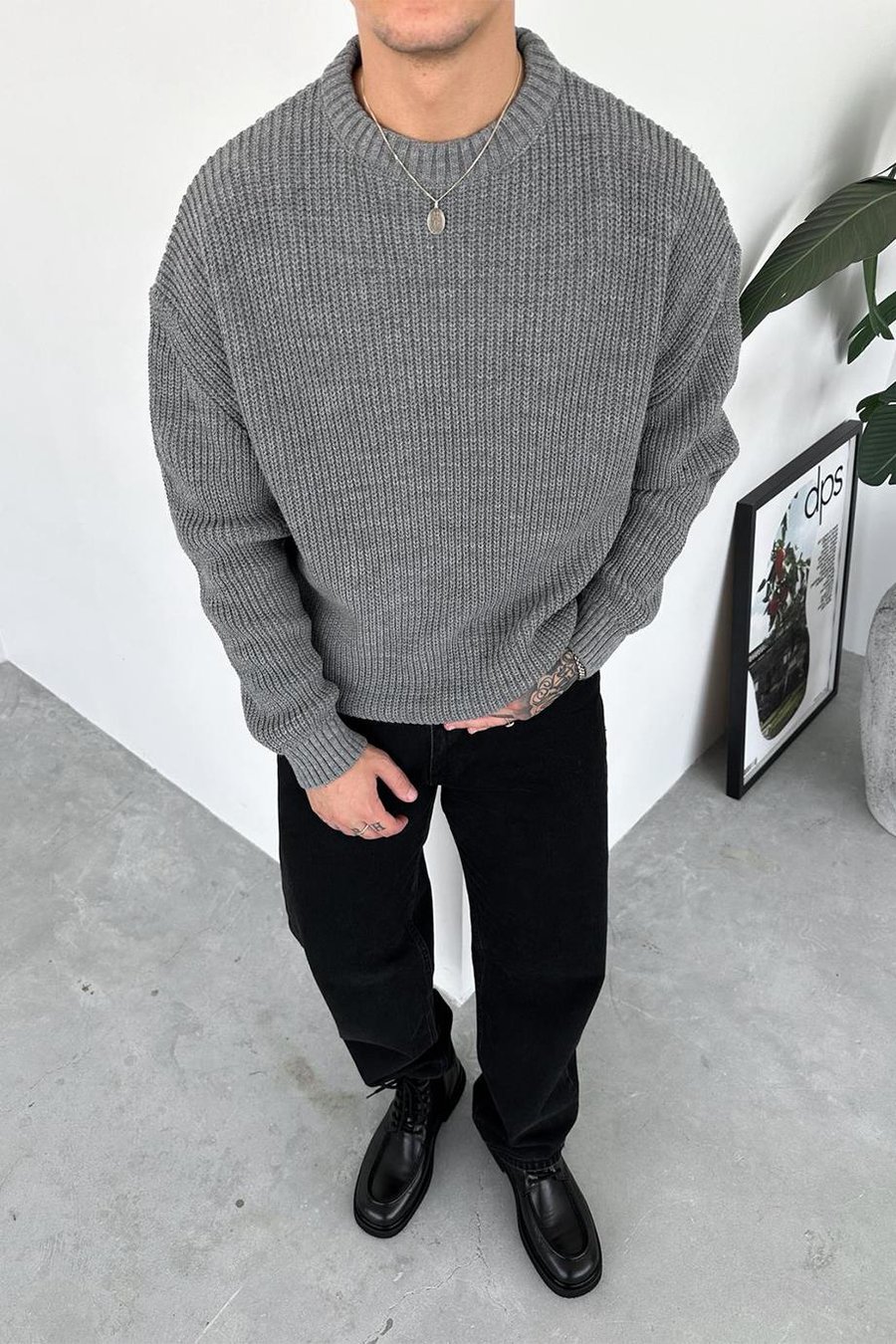 Gri Örme Desen Oversize Triko Kazak