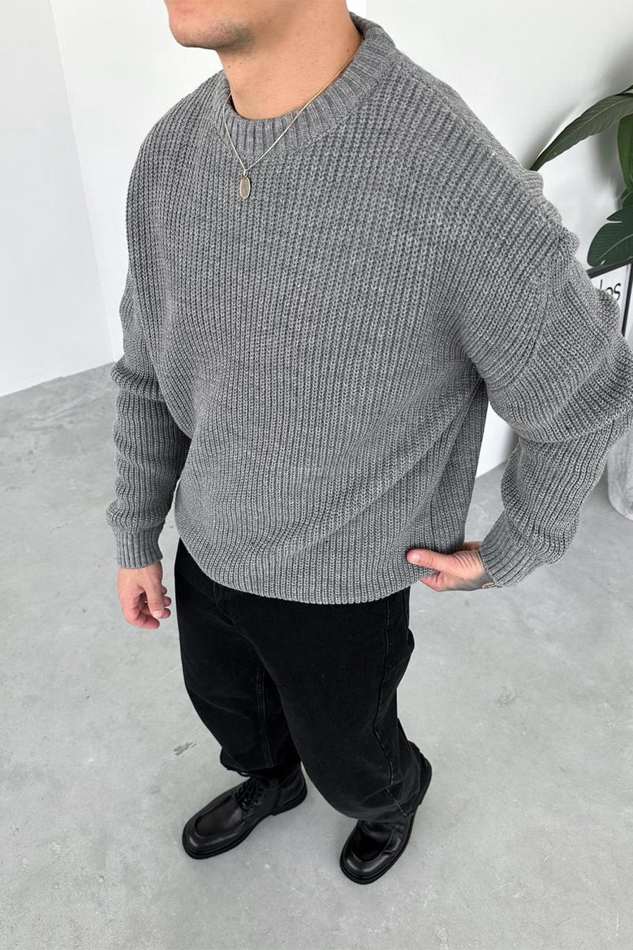 Gri Örme Desen Oversize Triko Kazak