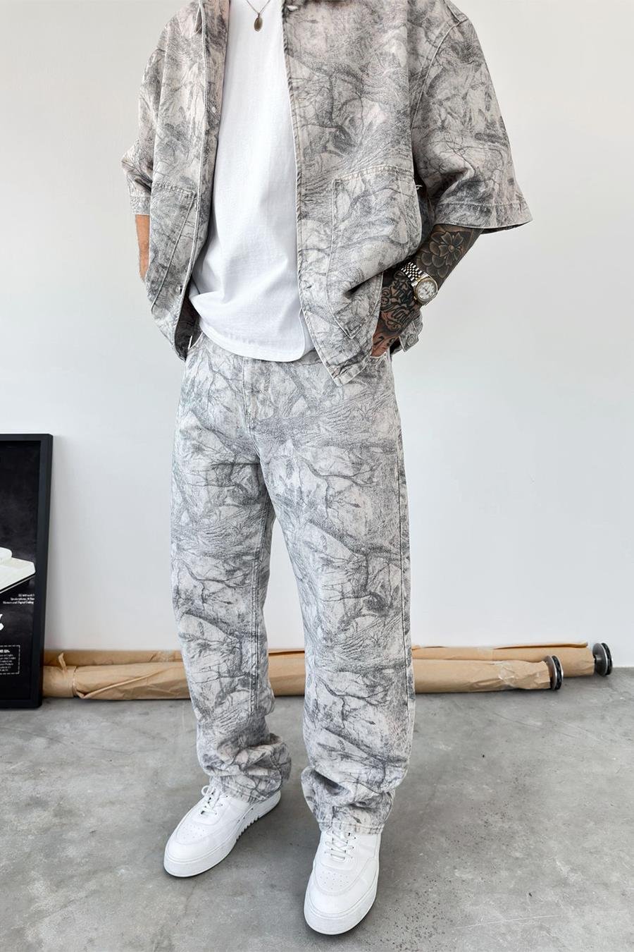 Gri Premium Baskılı Baggy Pantolon