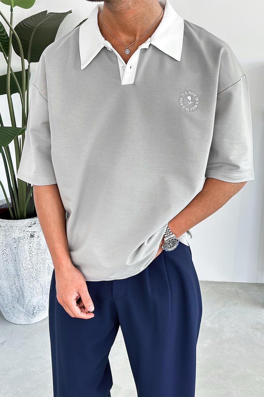 Gri Rose Polo Yaka OUTPLENTY PREMİUM Oversize Tişört