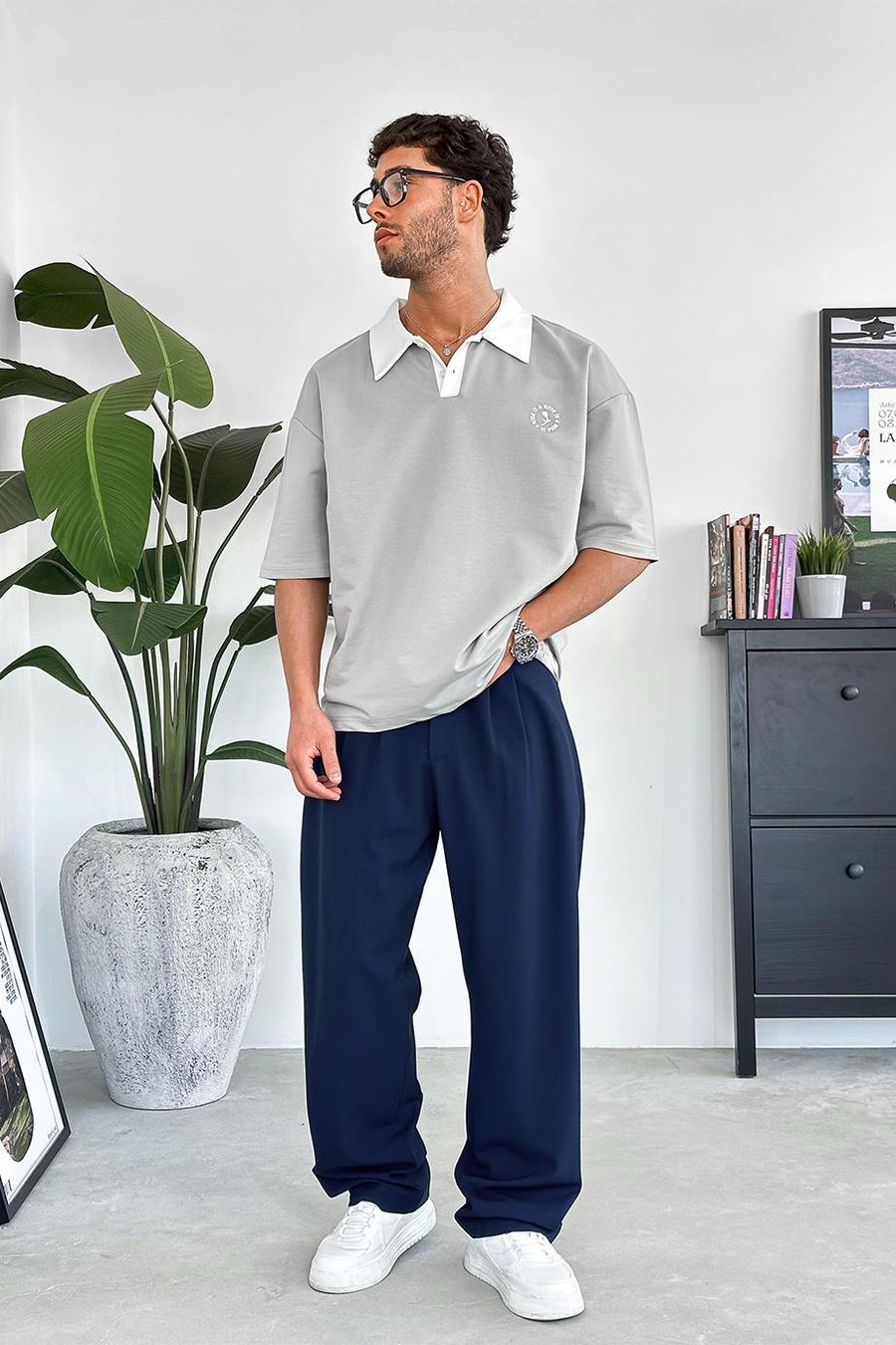 Gri Rose Polo Yaka OUTPLENTY PREMİUM Oversize Tişört