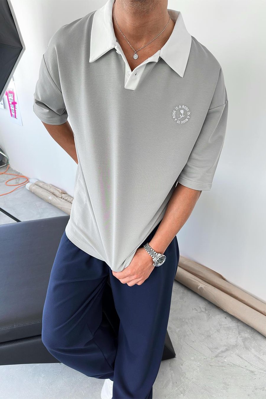 Gri Rose Polo Yaka OUTPLENTY PREMİUM Oversize Tişört