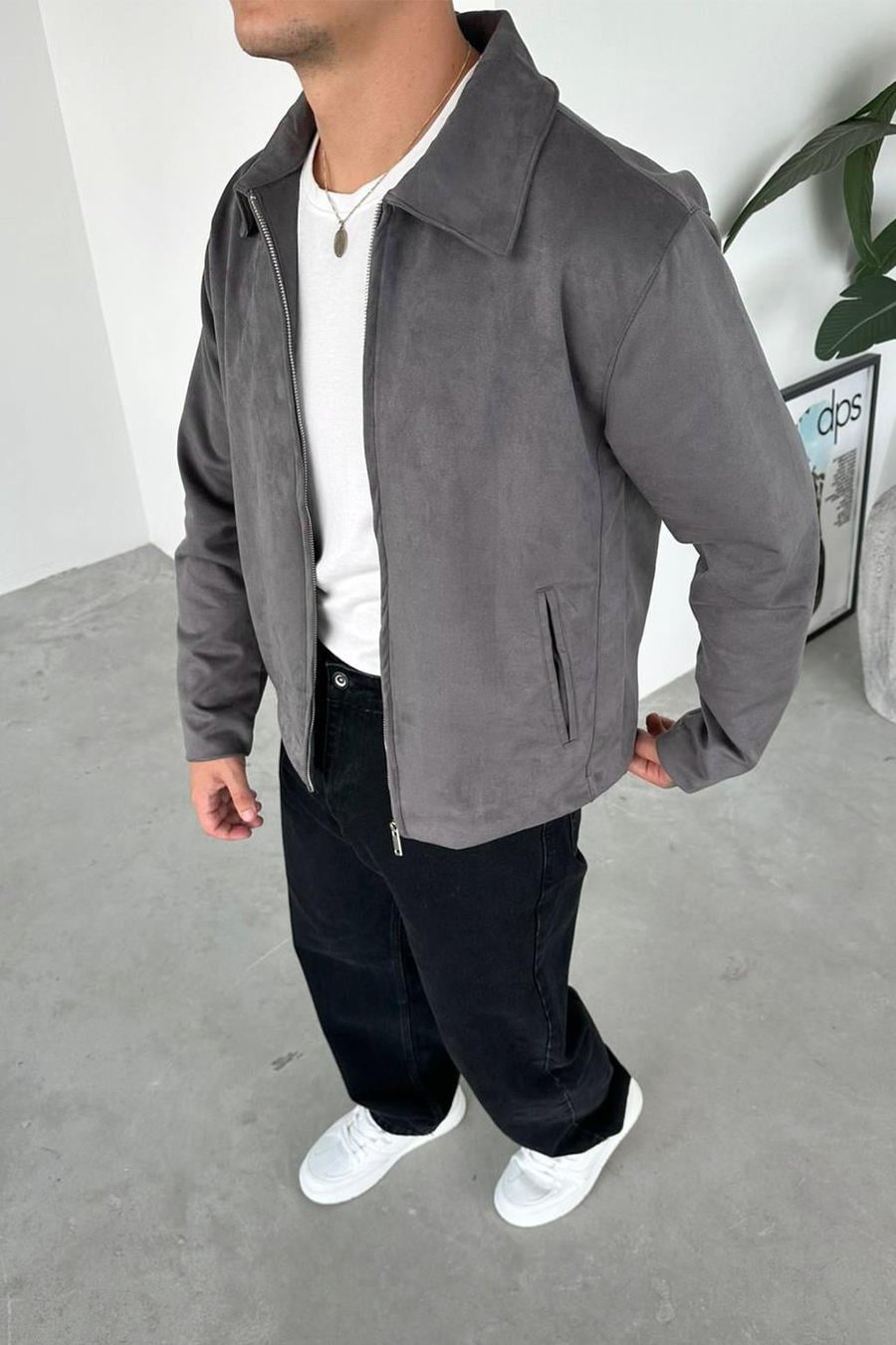 Gri Süet Kumaş Basic Relaxed Ceket
