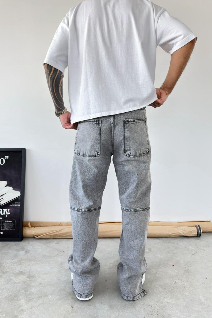 Gri Tasarım Paça Fermuar Detay Baggy Pantolon