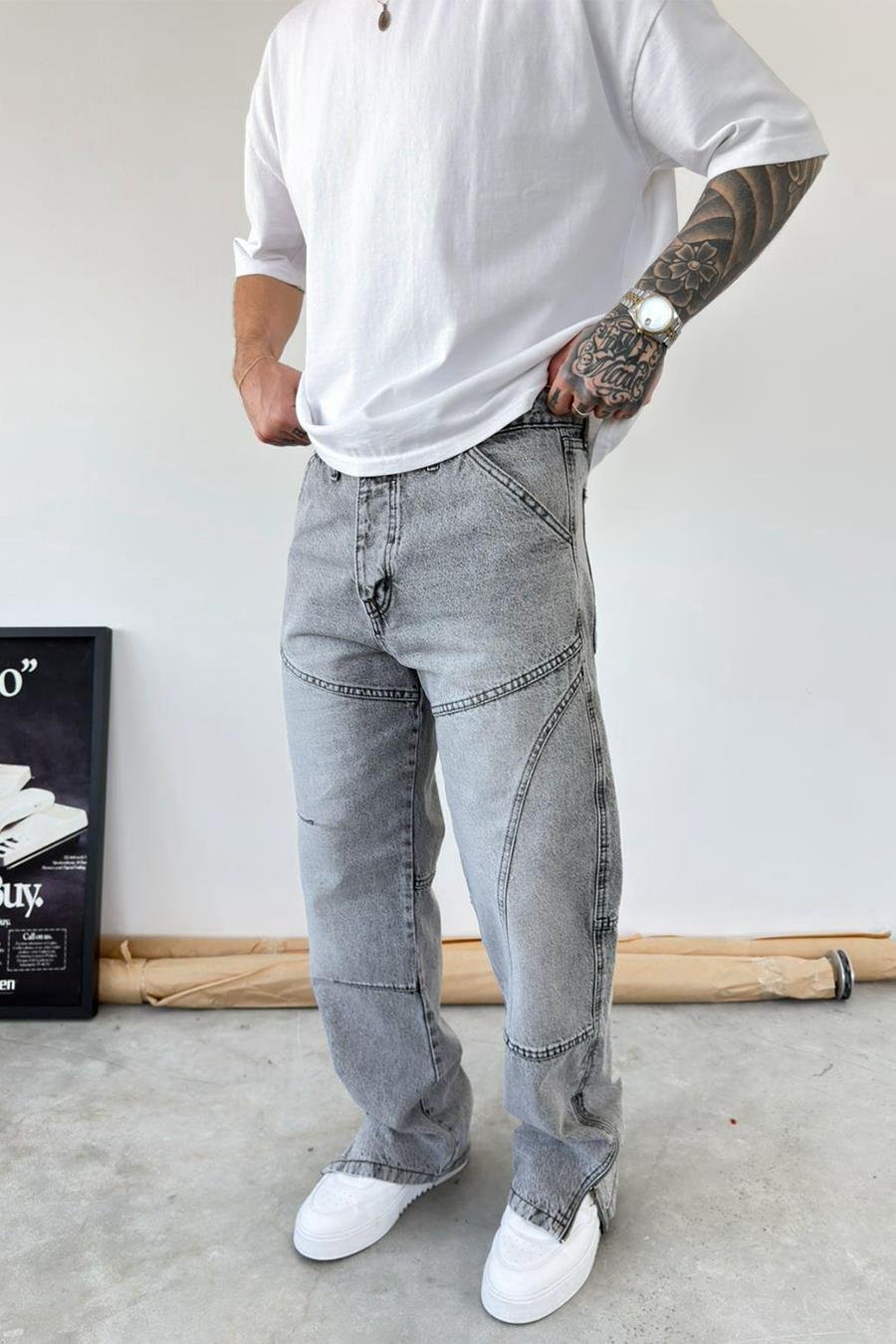 Gri Tasarım Paça Fermuar Detay Baggy Pantolon