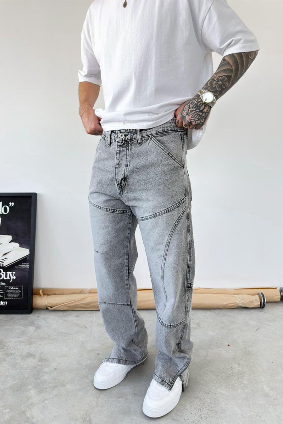 Gri Tasarım Paça Fermuar Detay Baggy Pantolon
