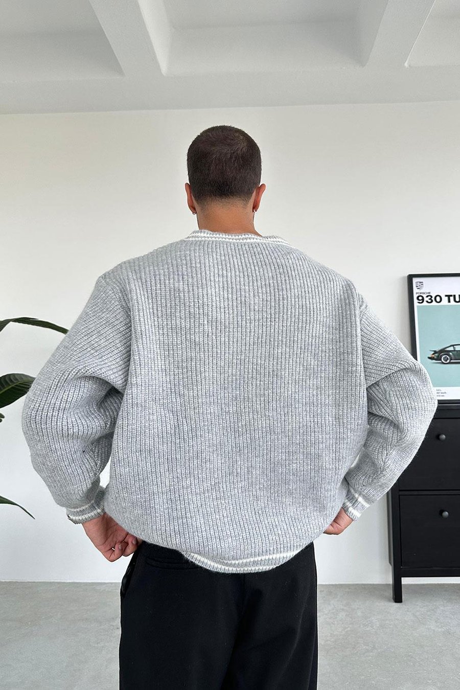 Gri V Yaka Triko Oversize Kazak