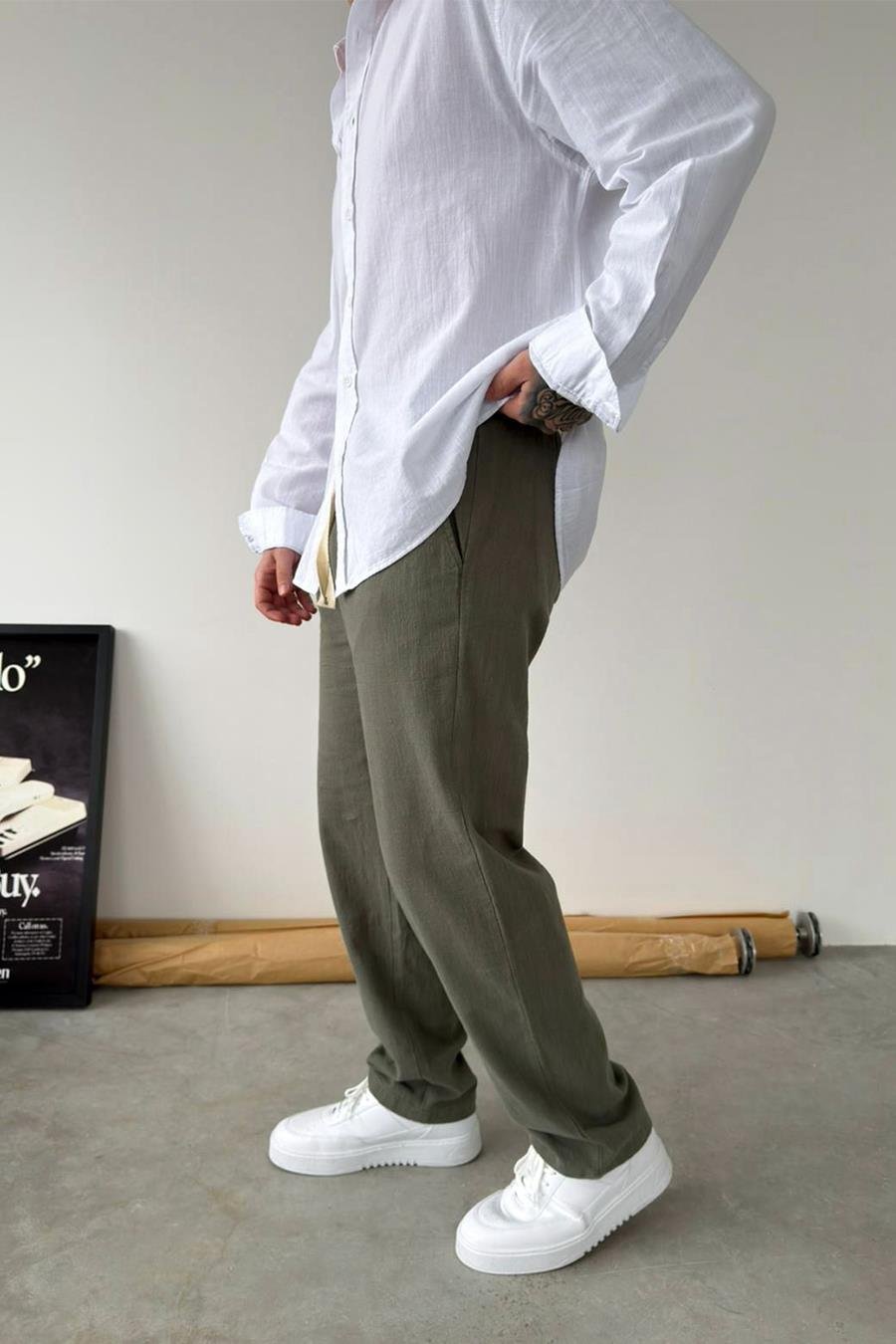 Haki Baggy Keten Pantolon