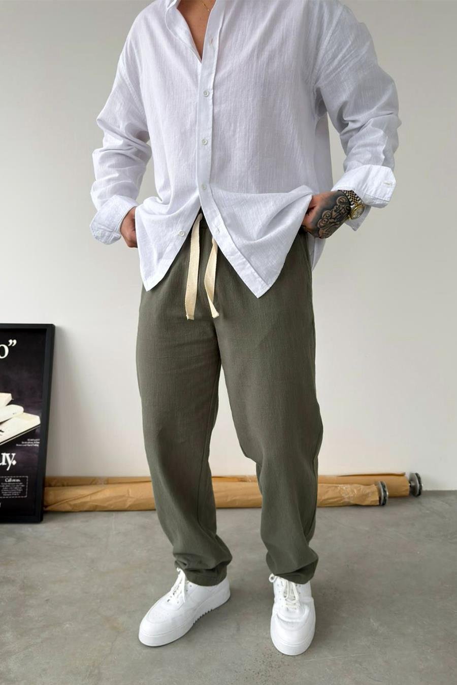 Haki Baggy Keten Pantolon