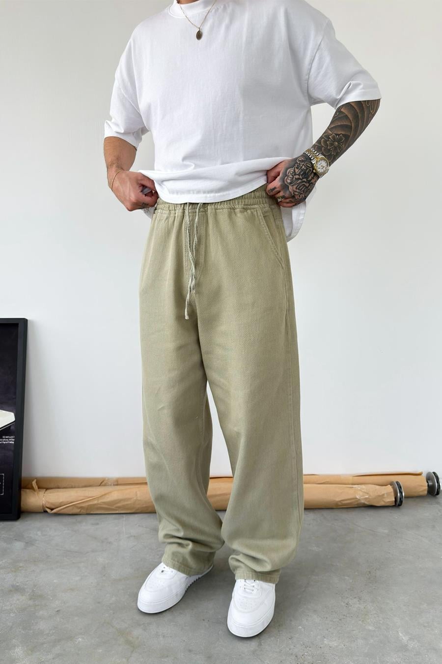 Haki Basic Gabardin Baggy Pantolon