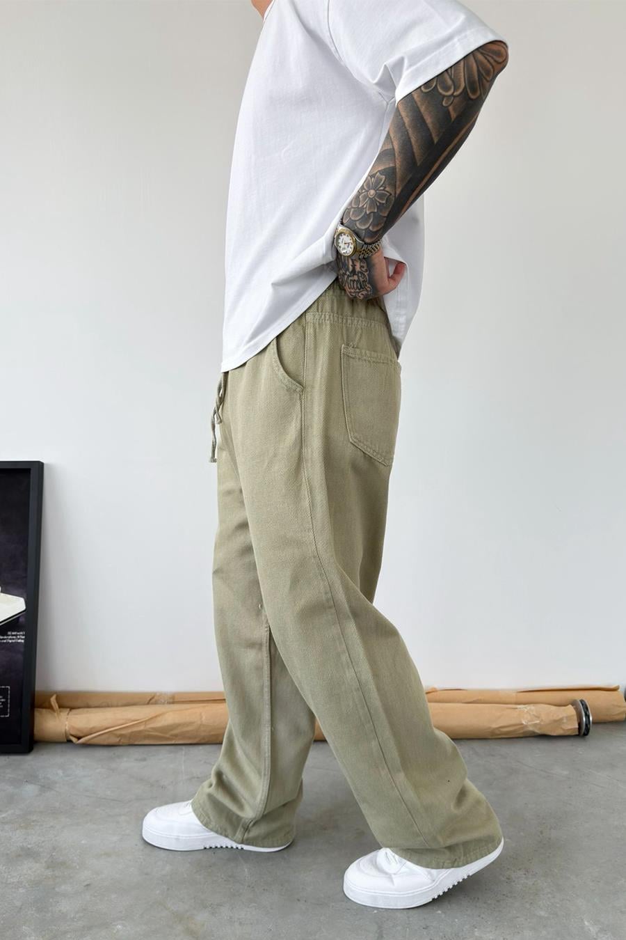 Haki Basic Gabardin Baggy Pantolon