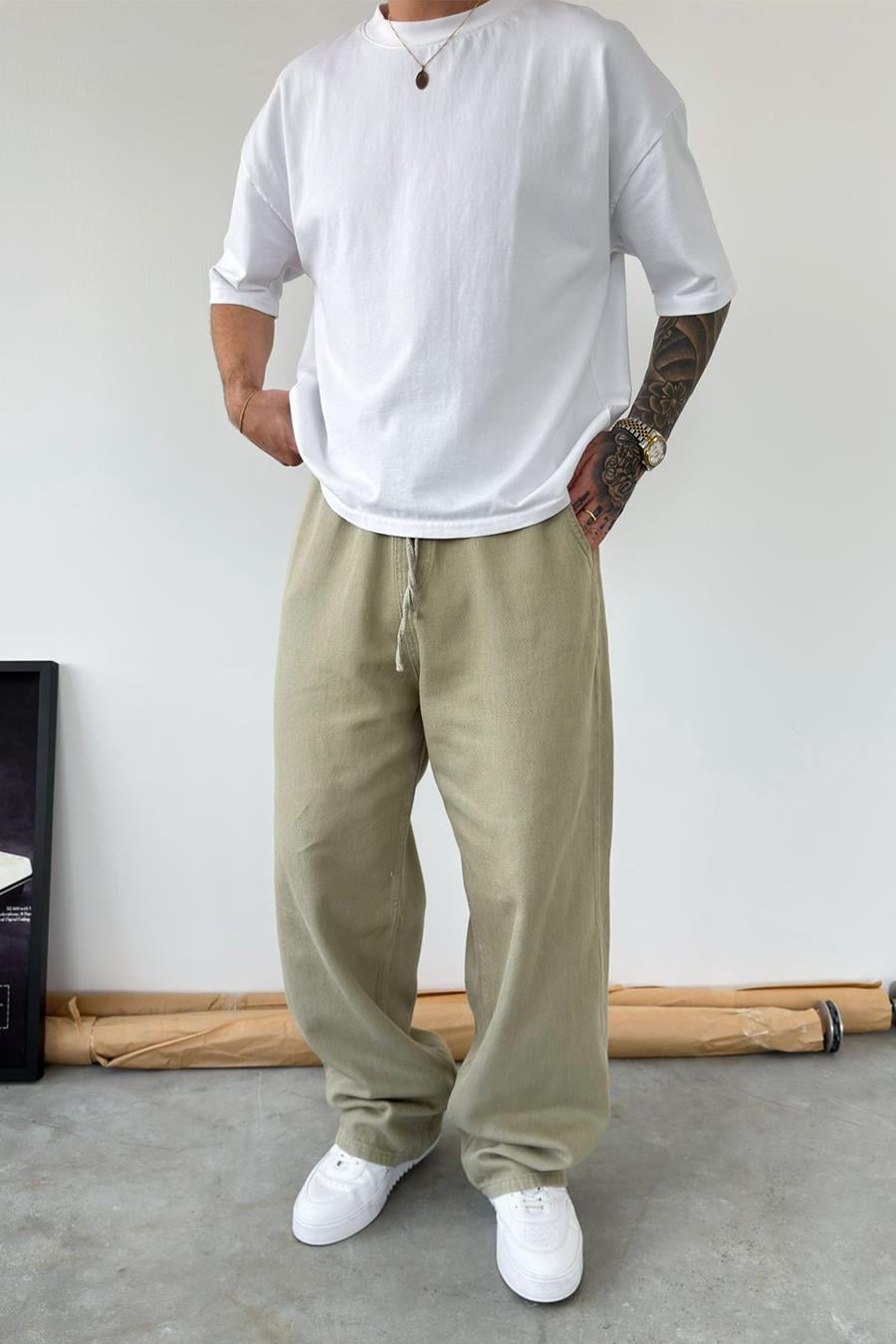 Haki Basic Gabardin Baggy Pantolon