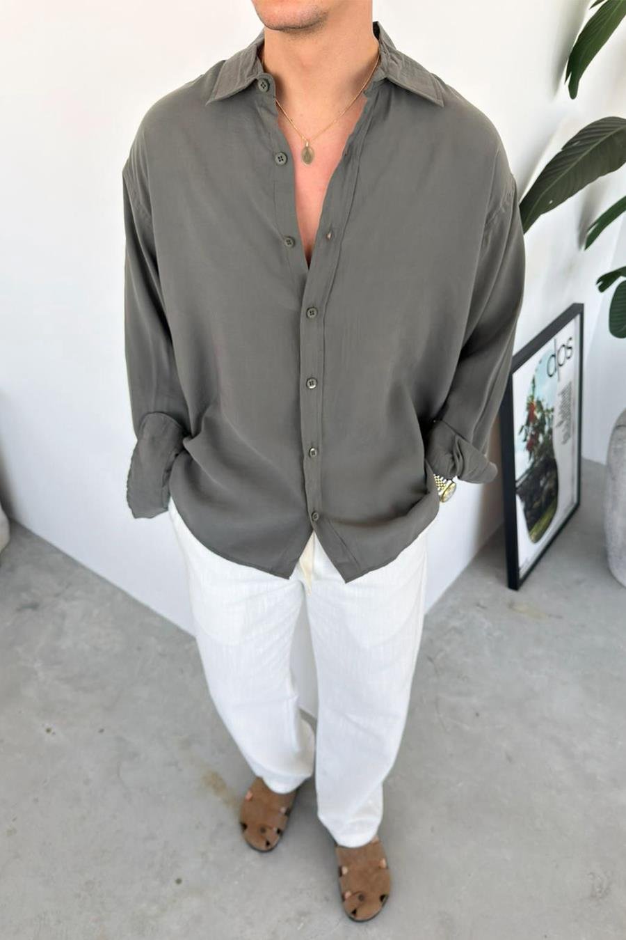 Haki Basic Oversize Modal Gömlek
