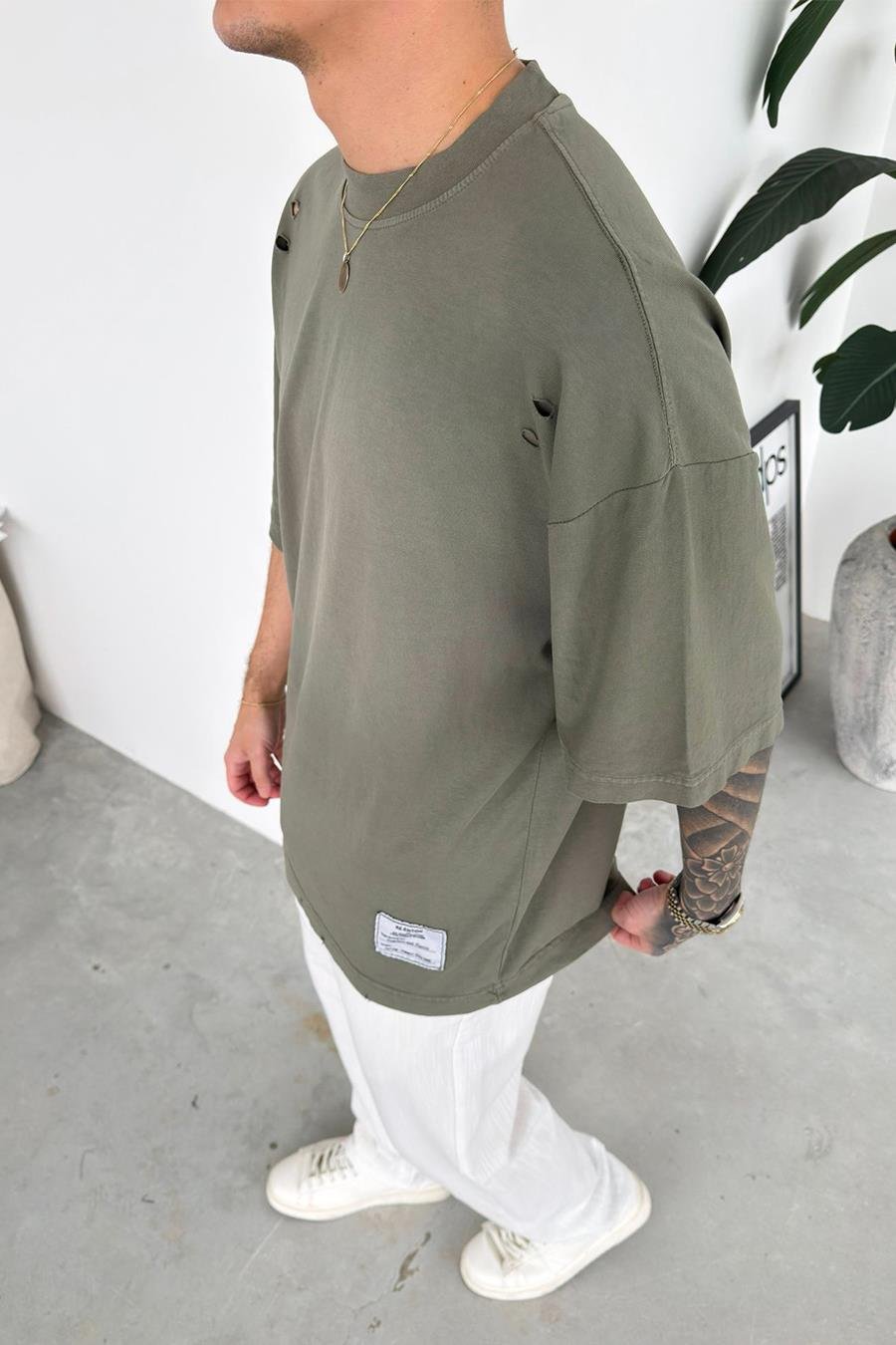 Haki Batik Yıkamalı Oversize Tişört