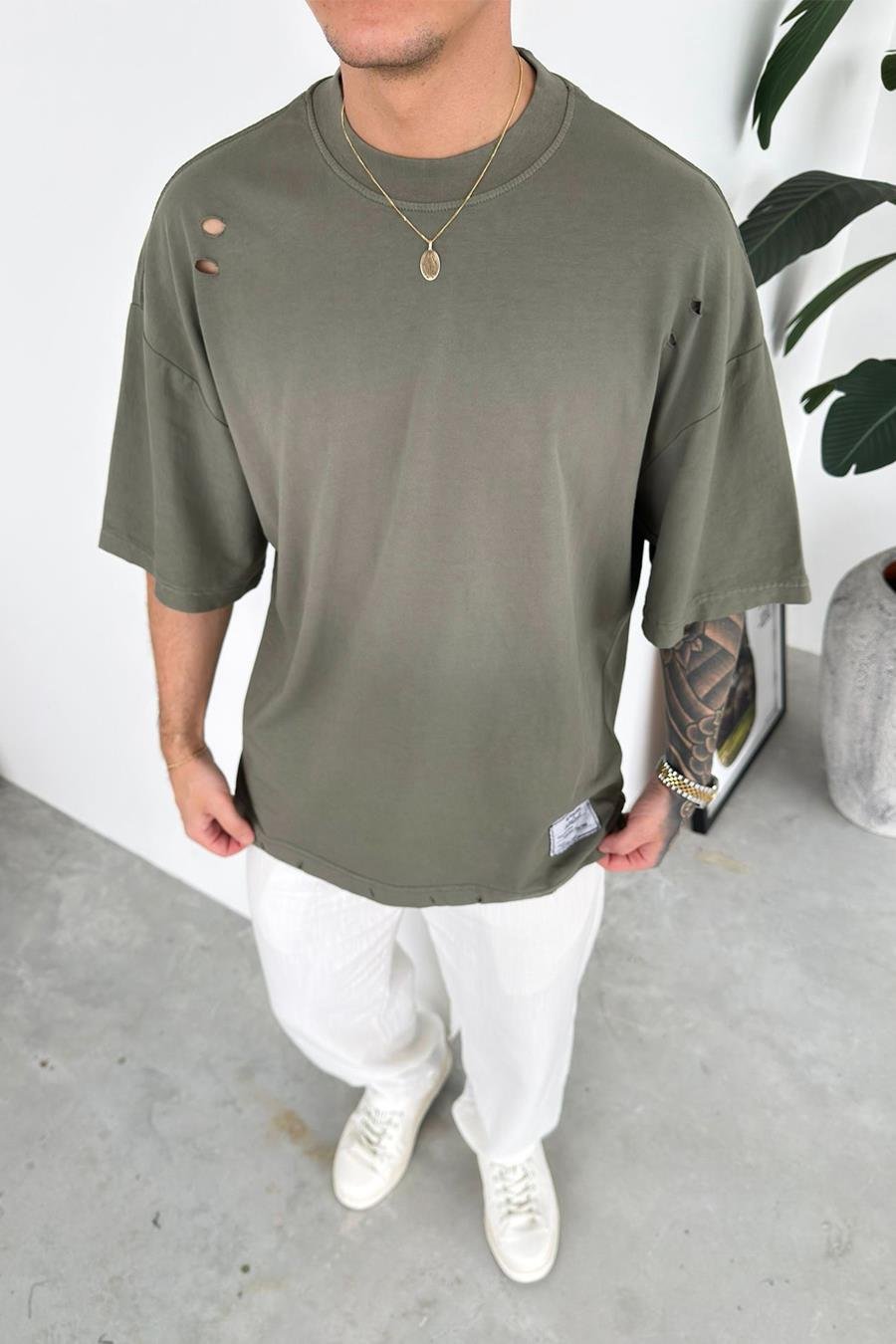 Haki Batik Yıkamalı Oversize Tişört
