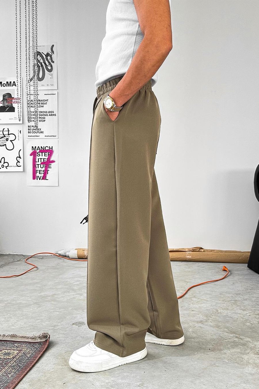 Haki Çimalı Beli Lastikli Baggy Kumaş Pantolon