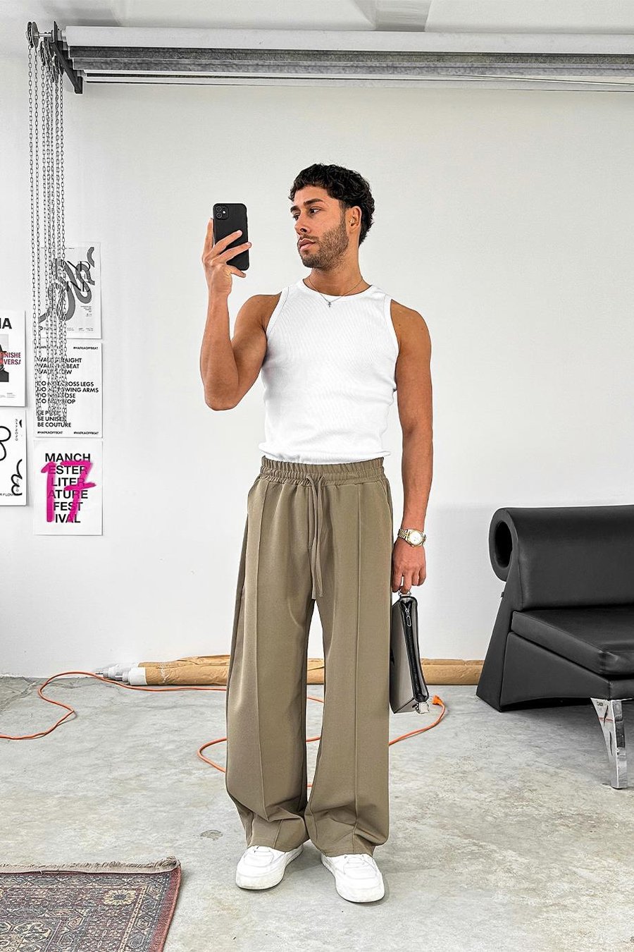 Haki Çimalı Beli Lastikli Baggy Kumaş Pantolon