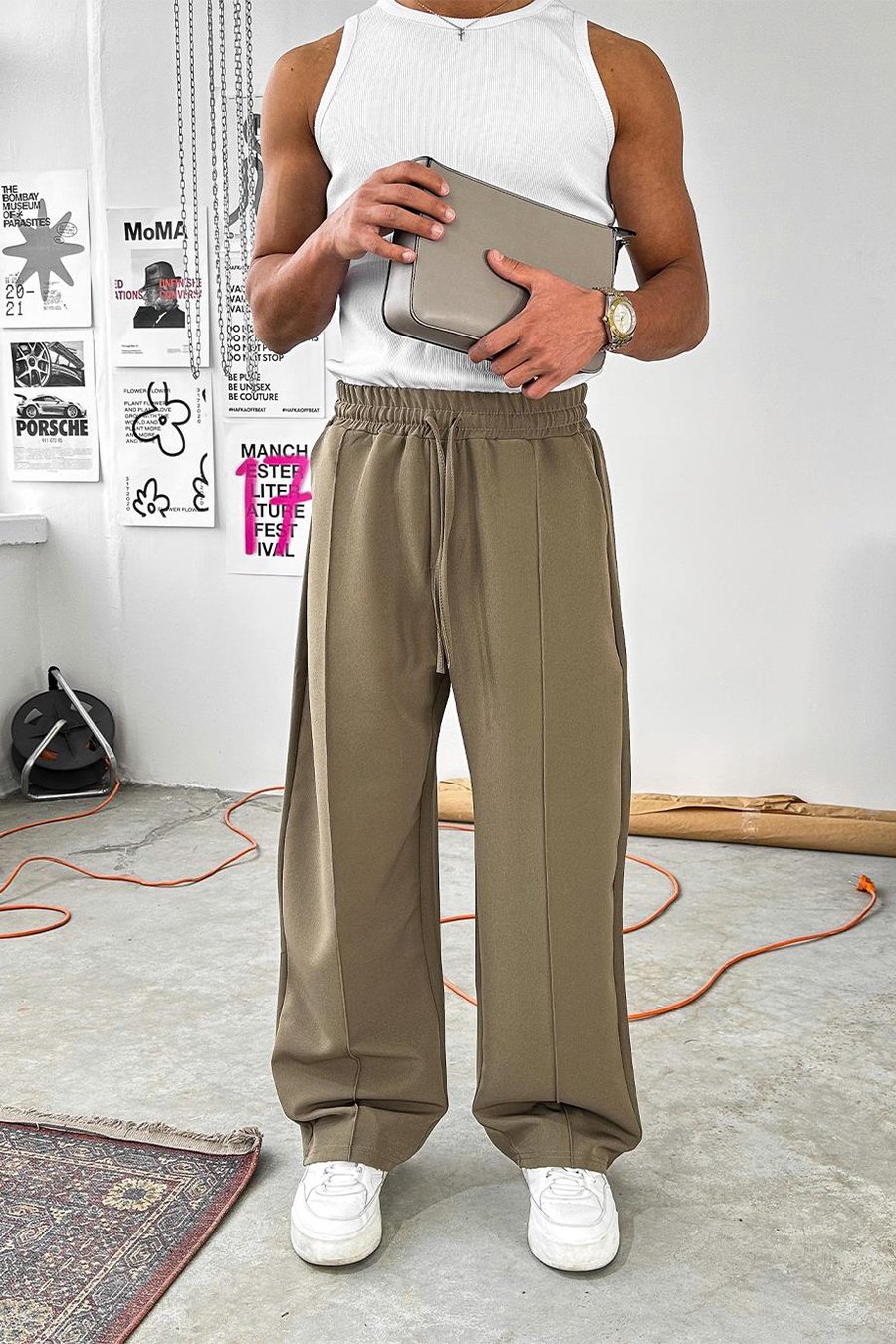 Haki Çimalı Beli Lastikli Baggy Kumaş Pantolon