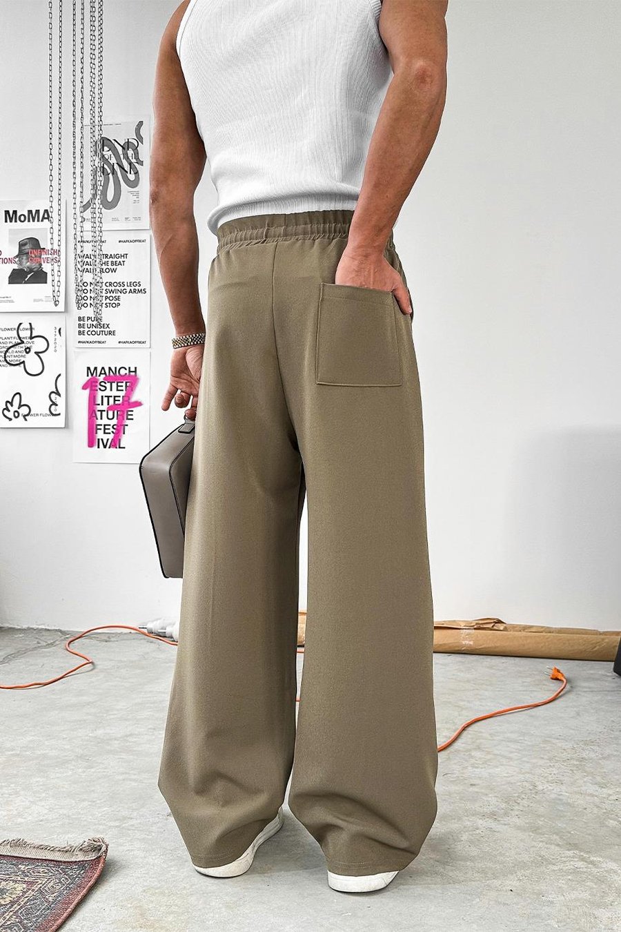 Haki Çimalı Beli Lastikli Baggy Kumaş Pantolon